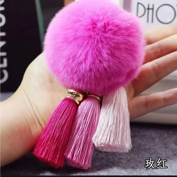 Multiple Colors Available - Fuzzy Fur Pom Pom Keychain Key with Tassels - Picture 8 of 15